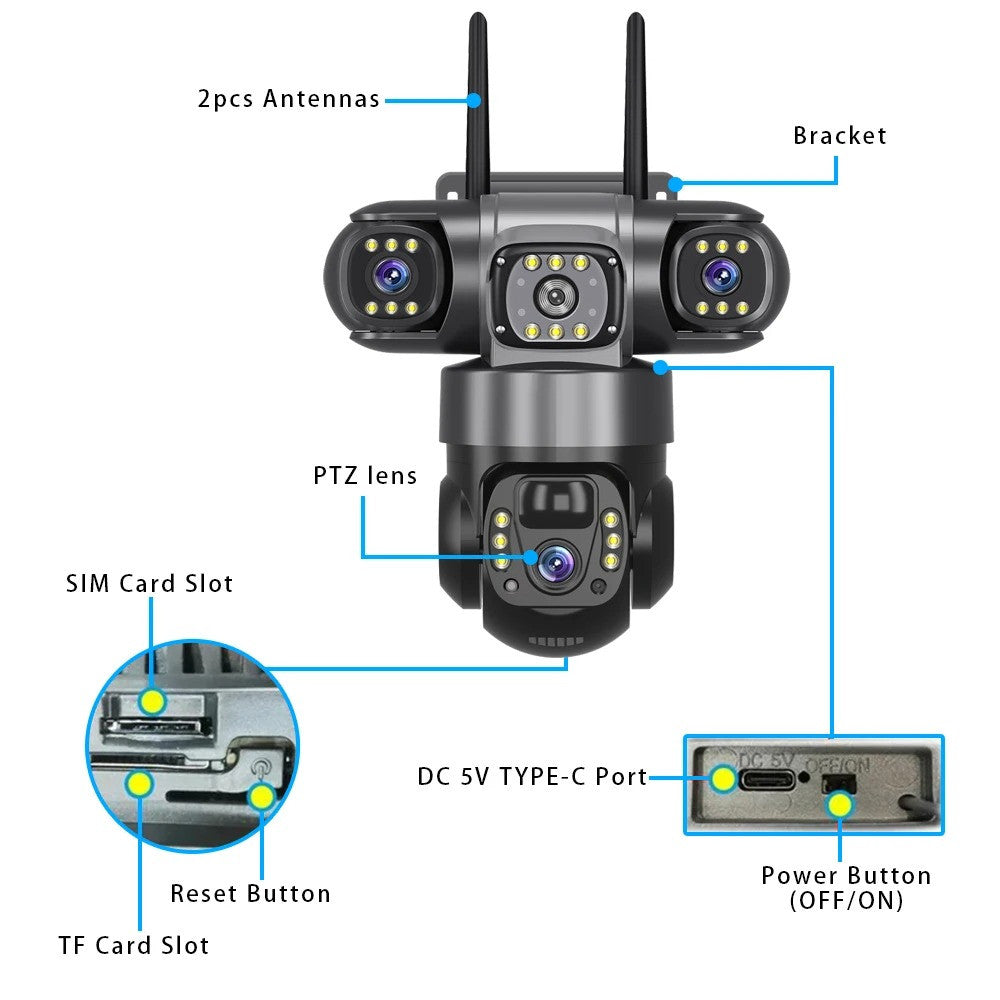 Outdoor Solar 4G IP Camera 12MP 6K Triple Lenses