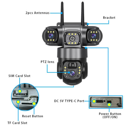 Outdoor Solar 4G IP Camera 12MP 6K Triple Lenses