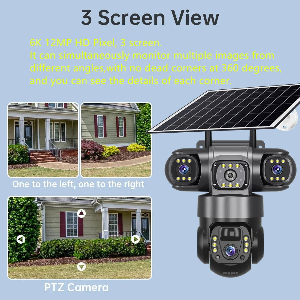 Outdoor Solar 4G IP Camera 12MP 6K Triple Lenses